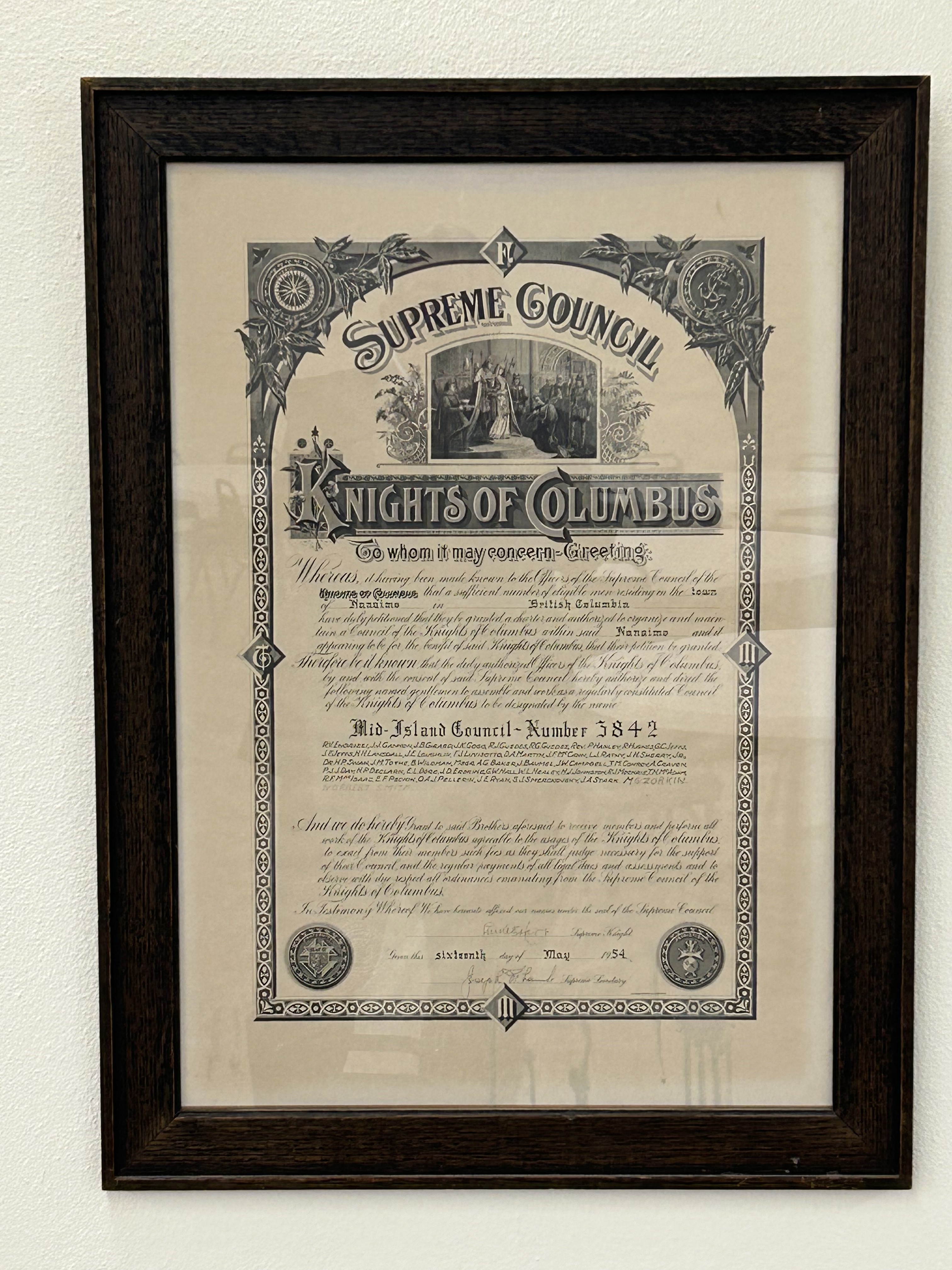 Council 3842's original charter from the Supreme Council, dated May 16, 1954